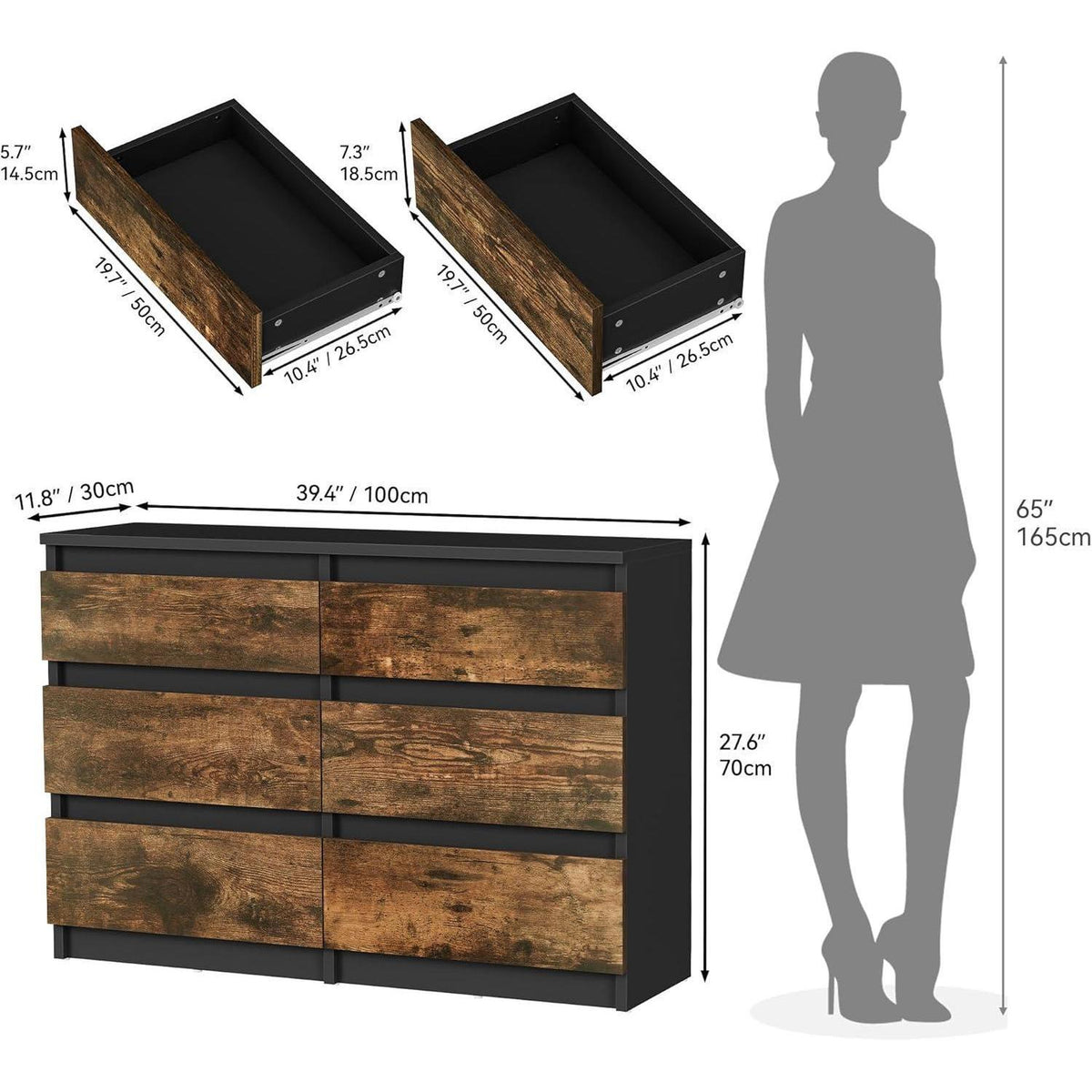 Holzkommode Schlafzimmer 6 Schubladen | Modernes Sideboard 100x30x70cm