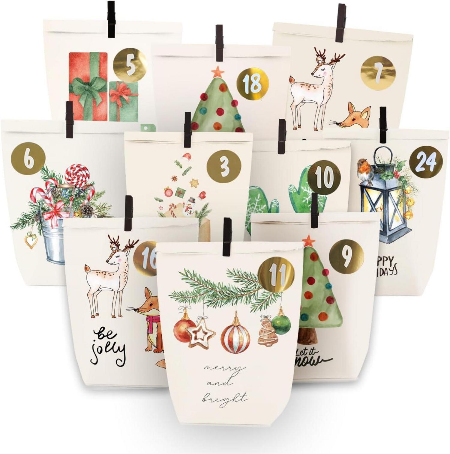 Adventskalender zum Selber Basteln 24 Weihnachtstüten Aquarellstil