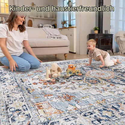 Vintage Boho Teppich 200x300cm - Waschbarer Wohnzimmerteppich Blau