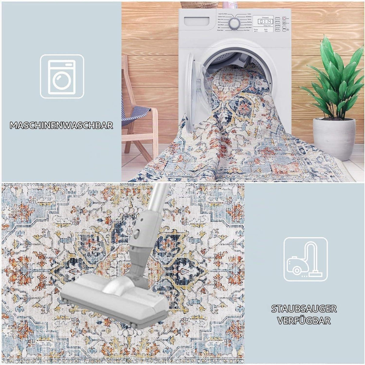 Vintage Boho Teppich 200x300cm - Waschbarer Wohnzimmerteppich Blau