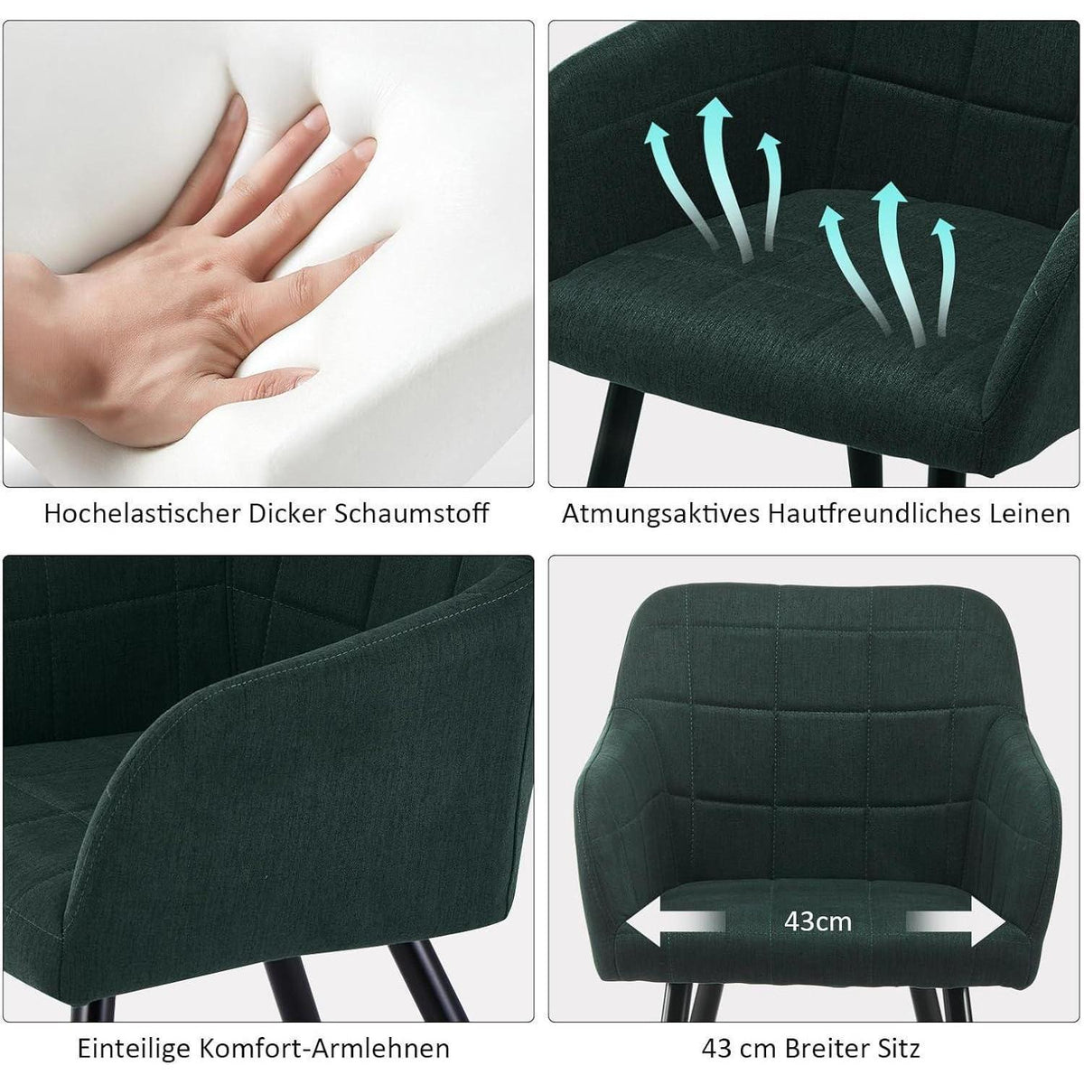 Esszimmerstühle 6er Set Leinen Grün mit Armlehnen