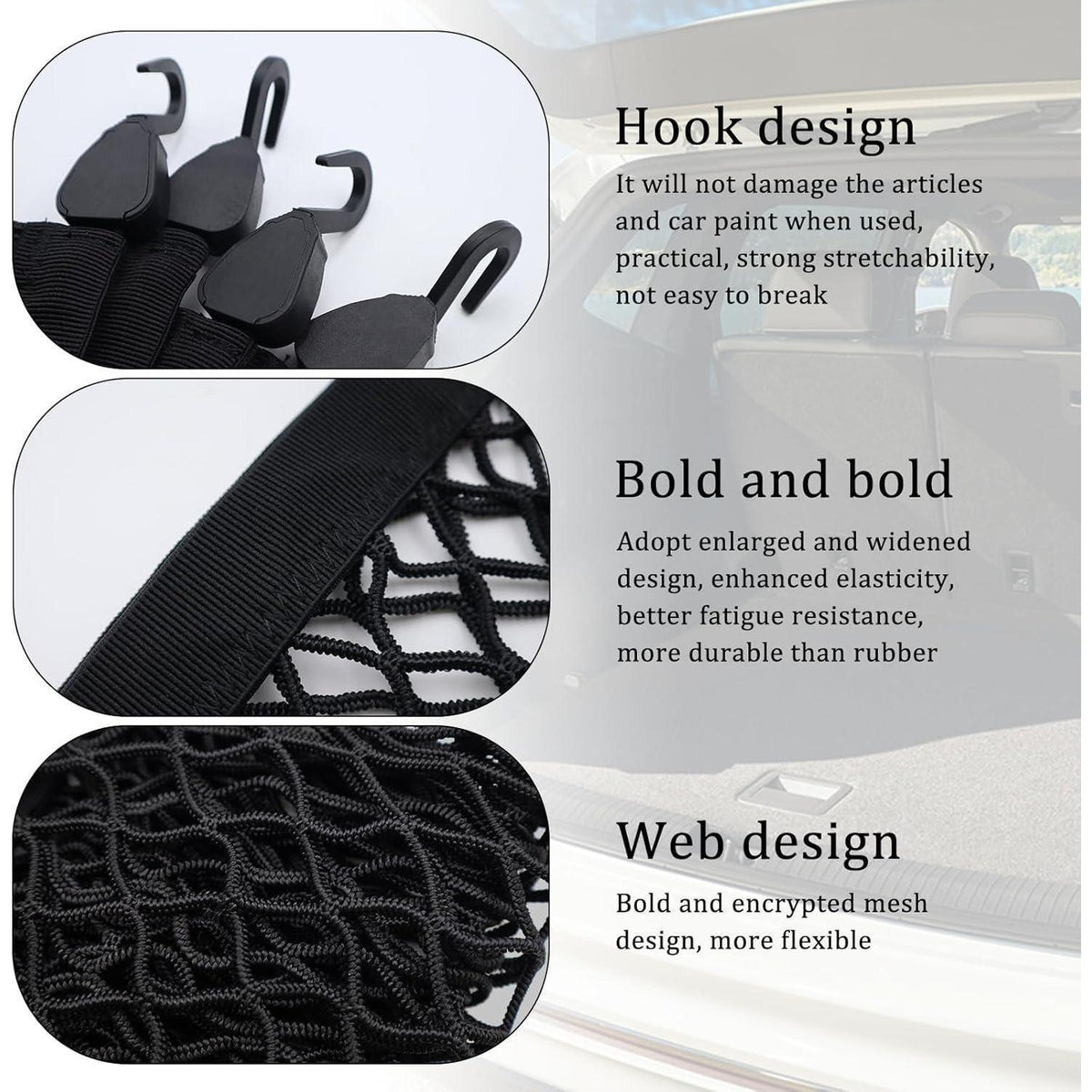 Kofferraumnetz Auto 80x100cm – Elastisches Gepäcknetz mit 4 Haken