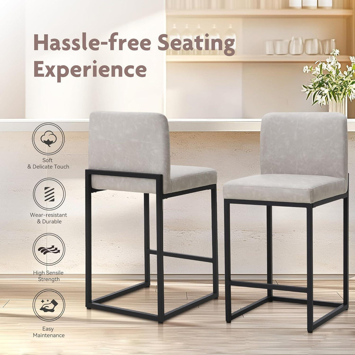 Barhocker Set 2er mit Lehne & Fußstütze – Beige