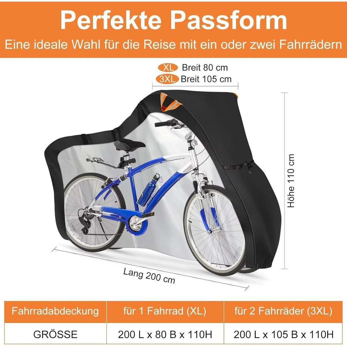 Wasserdichte Fahrradabdeckung 200x80x110cm mit Diebstahlschutz