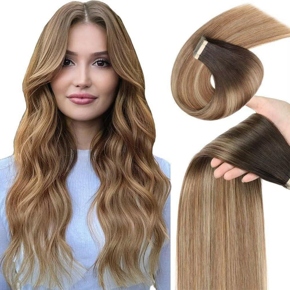 Echthaar Tape Extensions Goldbraun Balayage 35cm (14 Zoll)