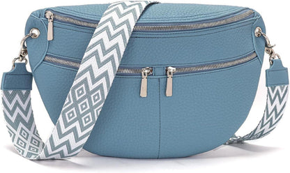 Große Umhängetasche Damen Vegan Leder Blau Crossbody Gürteltasche