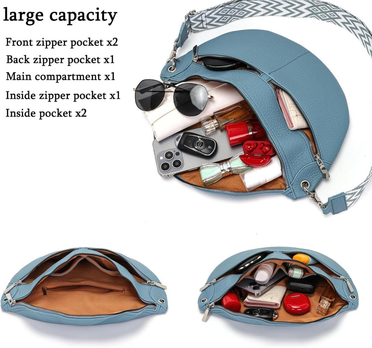 Große Umhängetasche Damen Vegan Leder Blau Crossbody Gürteltasche