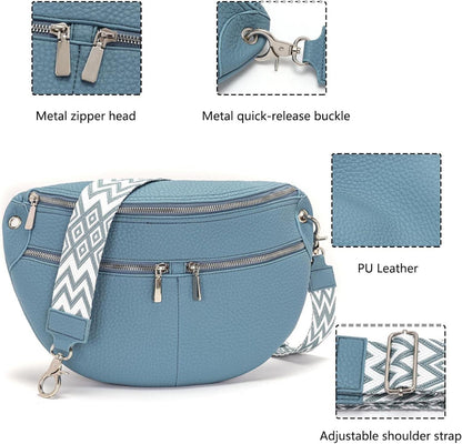 Damen Bauchtasche Groß Vegan Leder Umhängetasche Crossbody Gürteltasche Blau