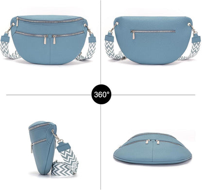 Damen Bauchtasche groß Umhängetasche Vegan Leder Crossbody Tasche Blau