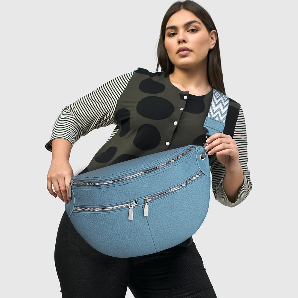 Bauchtasche Damen Groß Umhängetasche Vegan Leder Crossbody Tasche Blau