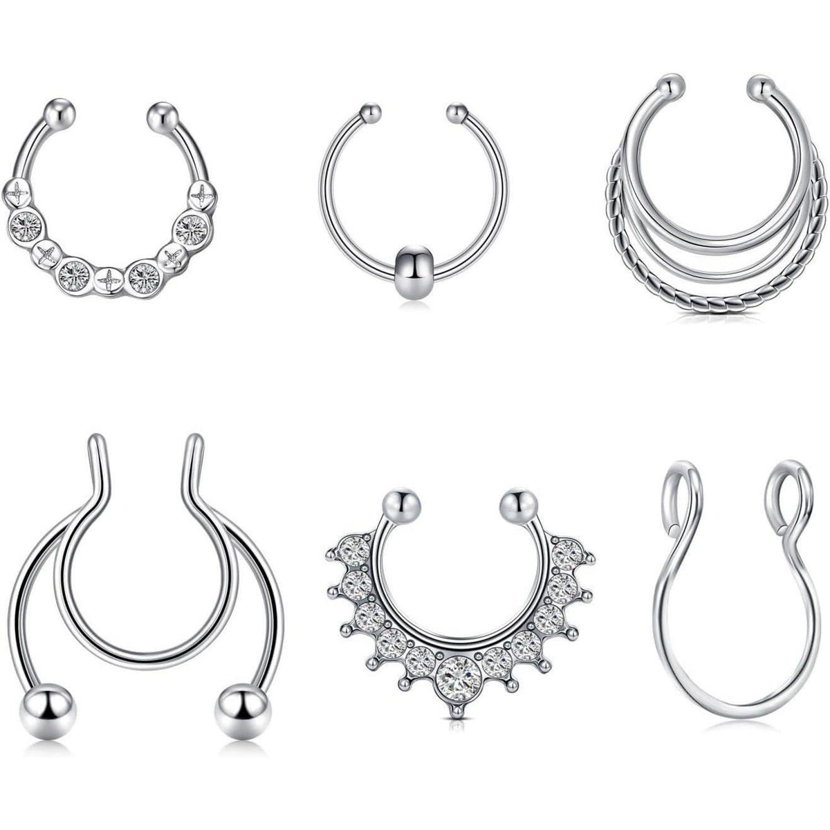 MODRSA Fake Nasenring 6tlg. Edelstahl Silber 8/10mm