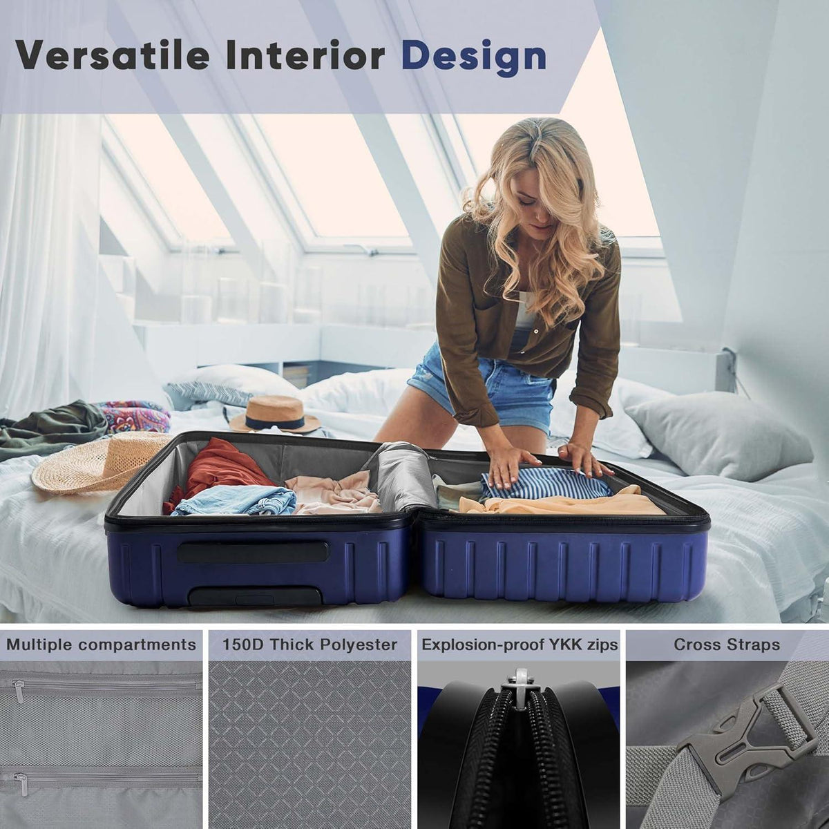 SHOWKOO Kofferset Hartschale Polycarbonat TSA 4 Rollen L XL Travel Set Blau 65cm+75cm