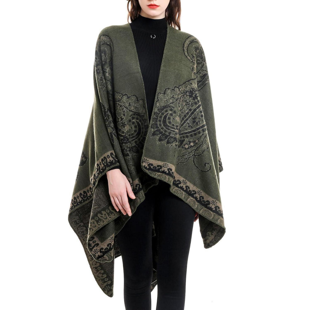 Damen Poncho Cape Grün Einheitsgröße Kuschelig Warm