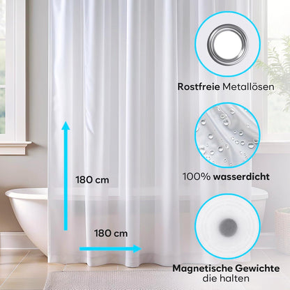 Duschvorhang 180x180cm Anti-Schimmel PEVA Durchsichtig Rostfreie Ösen 3 Magnete