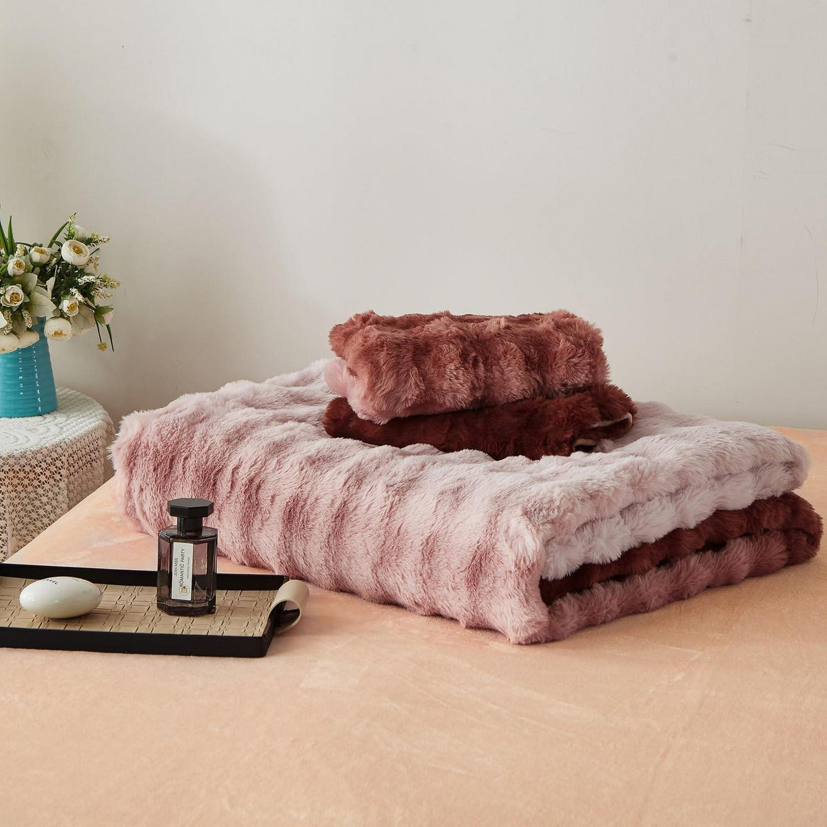 Plüsch Bettwäsche Set 200x200 Rosa Braun Winterwarm