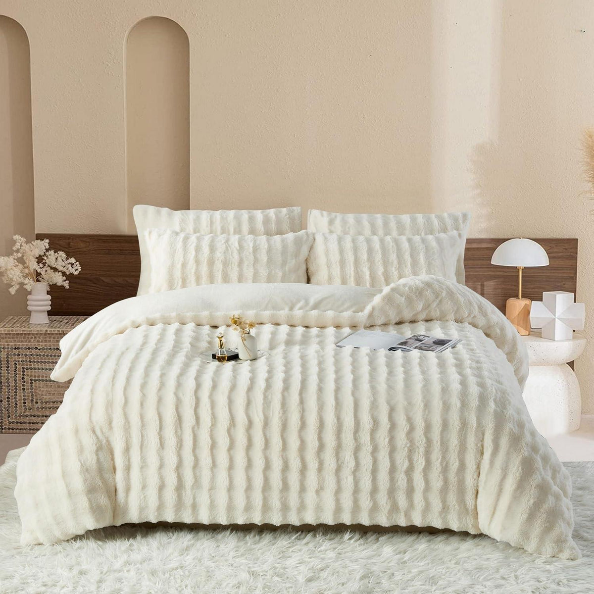 Plüsch Bettwäsche Set 220x240 - Warm & Flauschig Creme Weiß