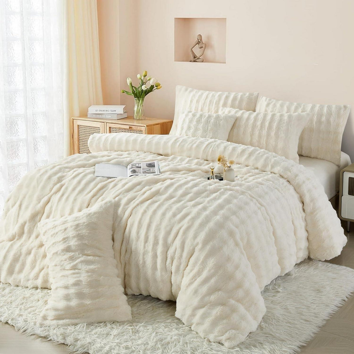 Plüsch Bettwäsche Set 220x240 - Warm & Flauschig Creme Weiß
