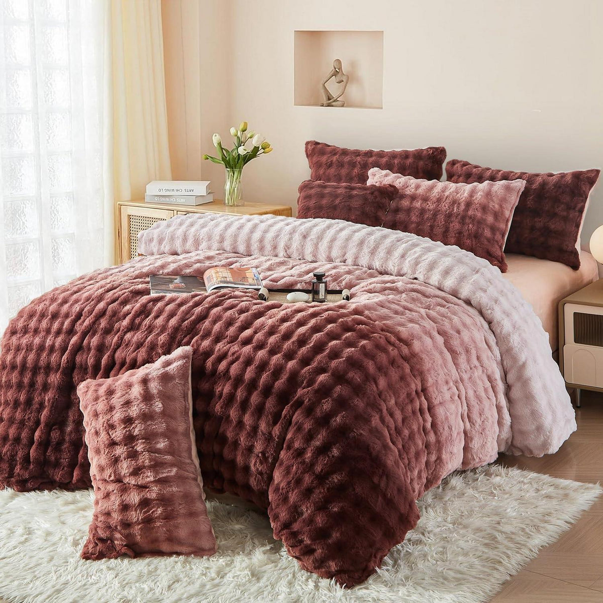 Plüsch Bettwäsche Set Rosa Braun Farbverlauf Winterwarm