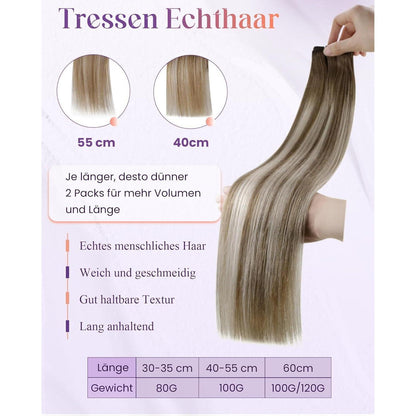 Echthaar Tressen Braun Balayage Blond 40cm 100g