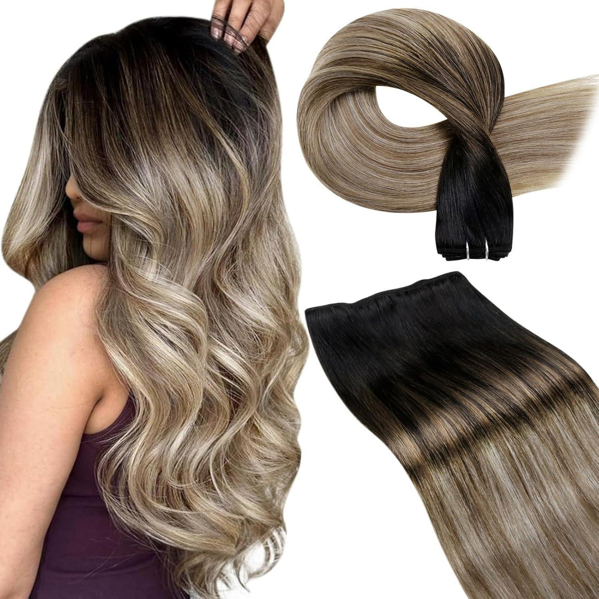 Echthaar Tressen Ombre Schwarz-Karamellblond 50cm 100g