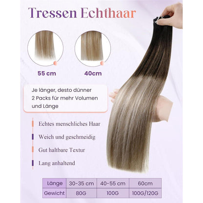 Echthaar Tressen Ombre Schwarz-Karamellblond 50cm 100g