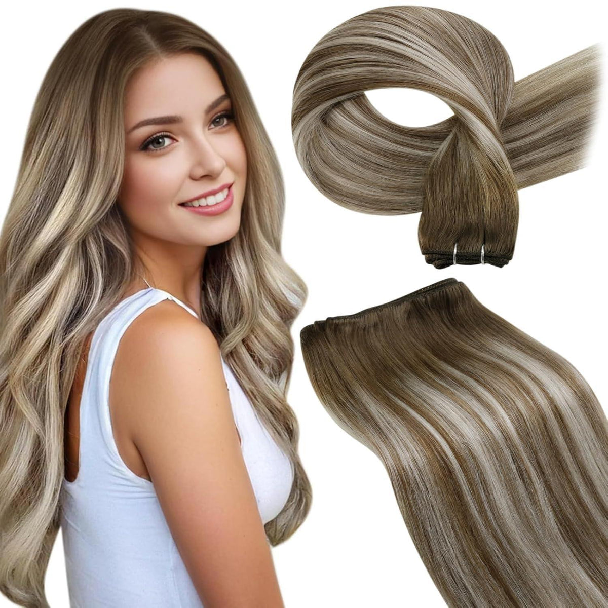 Echthaar Tressen Braun Balayage Blond 30cm zum Einnähen