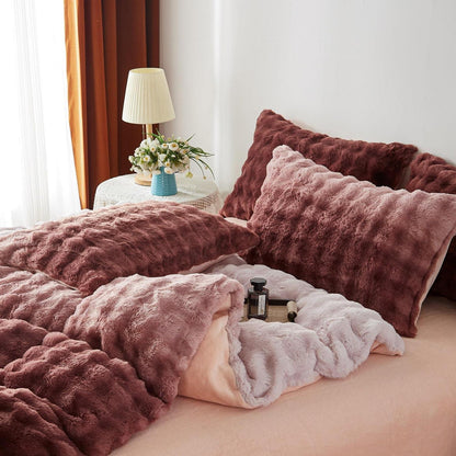 Plüsch Bettwäsche Set 200x220 Rosa Braun Winterwarm