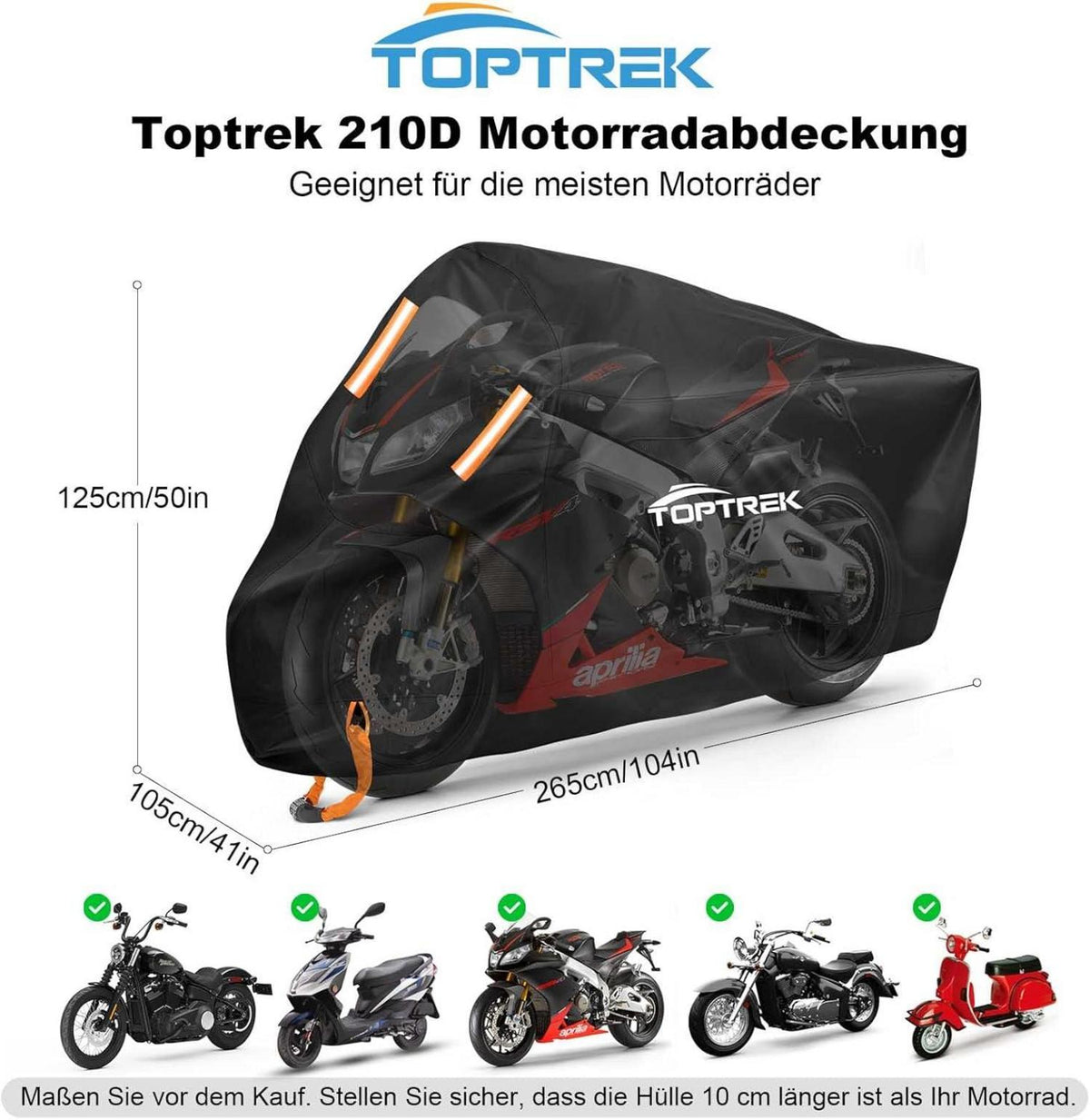 toptrek XXXL Motorrad Abdeckplane Wasserdicht 265x105x125 cm