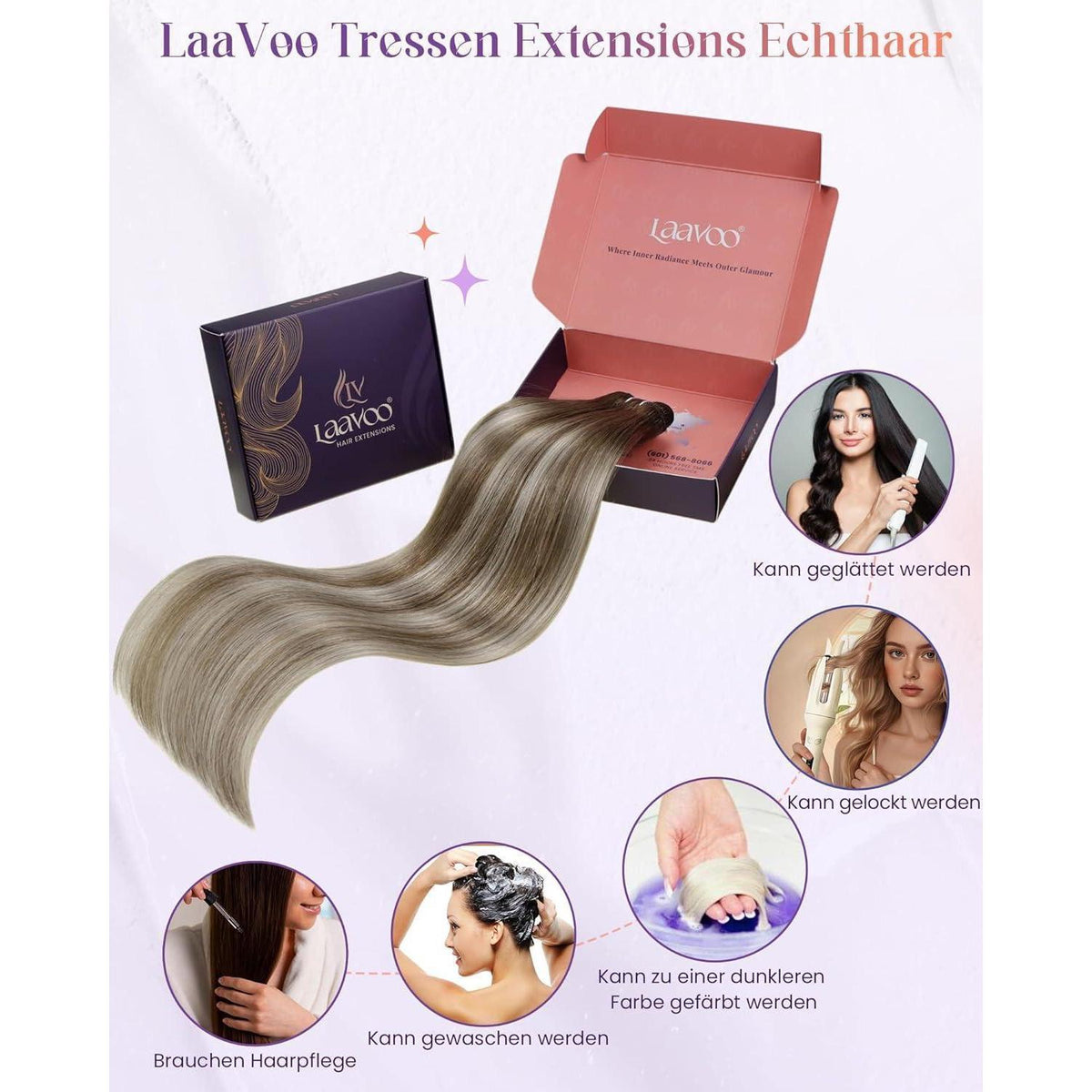 Echthaar Tressen Braun Balayage 60cm - Haarverlängerung