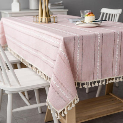 Böhmische Tischdecke Leinen 140x140cm Rosa mit Quasten