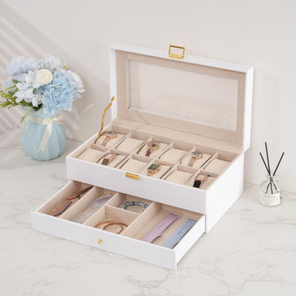 ProCase Uhrenbox 12 Fächer 2 Ebenen Glasdeckel Weiß