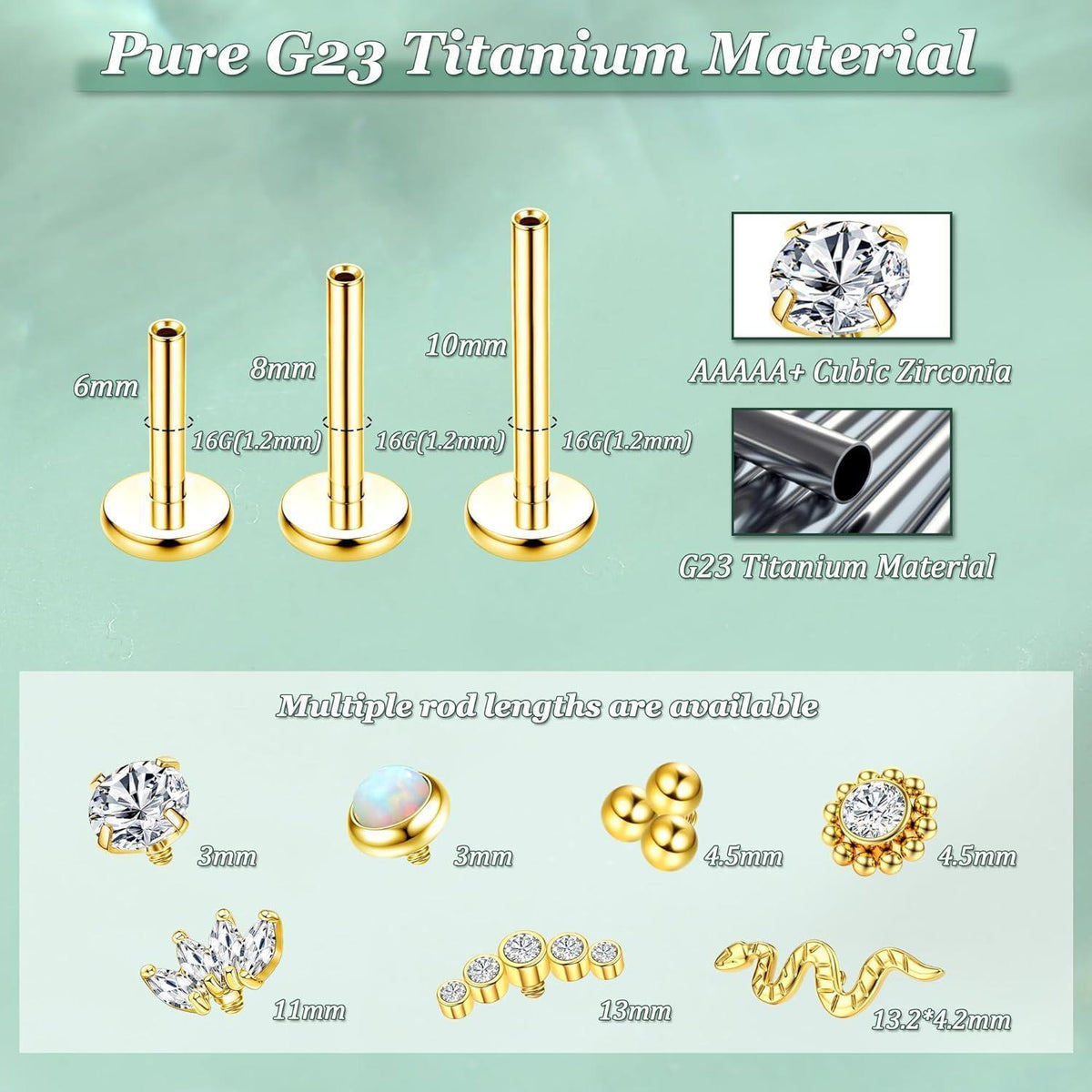 G23 Titan Helix Tragus Labret Piercing Innengewinde, Gold/Silber