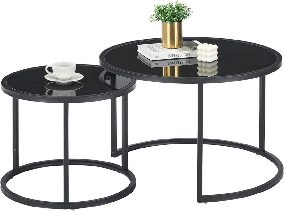 Design Couchtisch Glas Rund Schwarz Metallgestell 2er Set