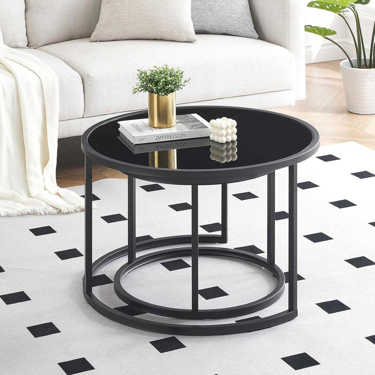 Couchtisch Glas Schwarz Metallgestell Rund 2er Set 70x70x45 & 50x50x40 cm