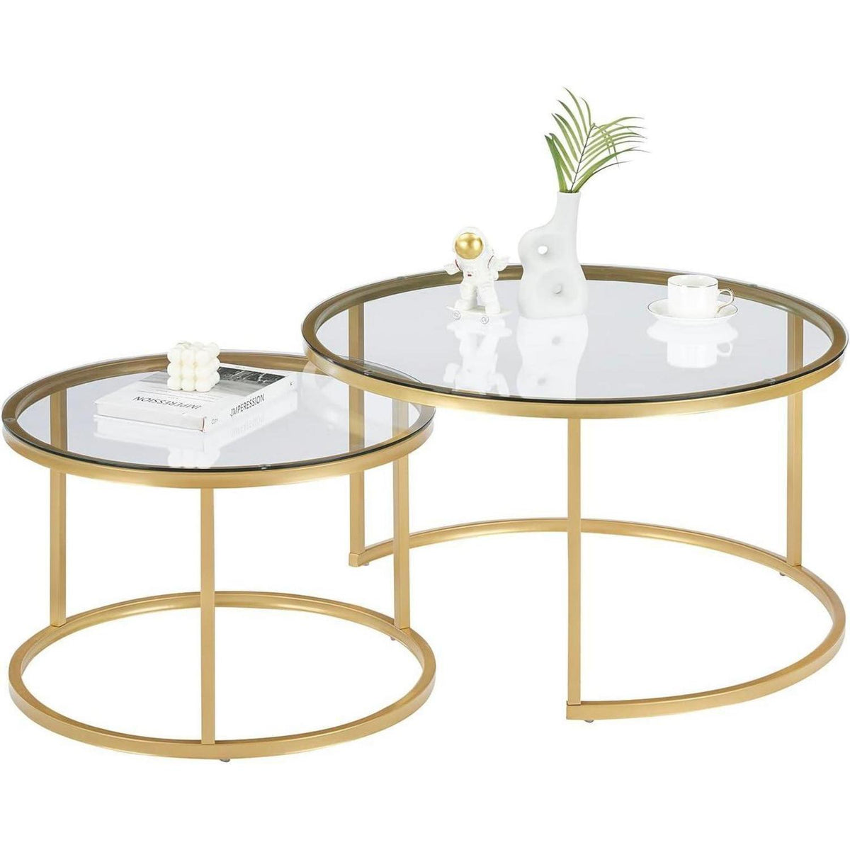 Couchtisch 2er Set Glas mit Gold Metallgestell rund 80x80 & 60x60 cm