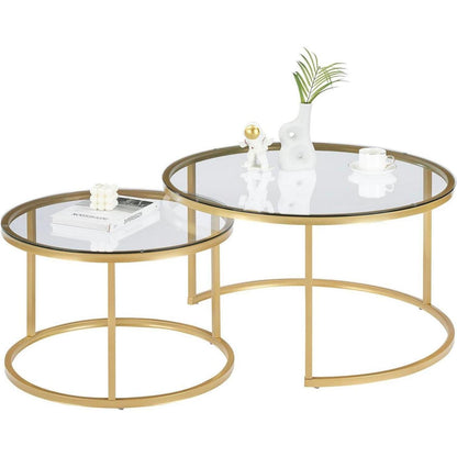 Couchtisch 2er Set Glas mit Gold Metallgestell rund 80x80 & 60x60 cm