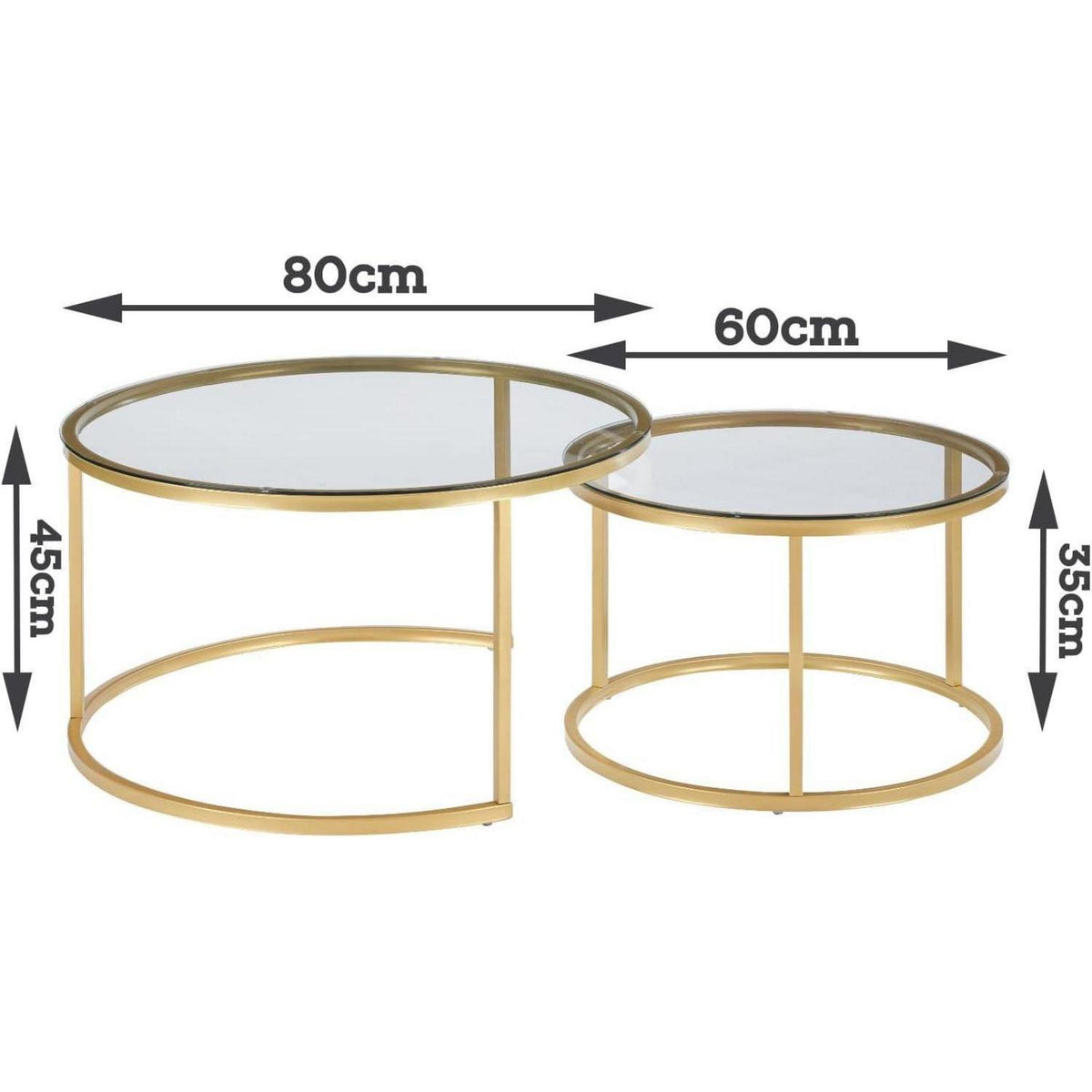 Couchtisch 2er Set Glas mit Gold Metallgestell rund 80x80 & 60x60 cm