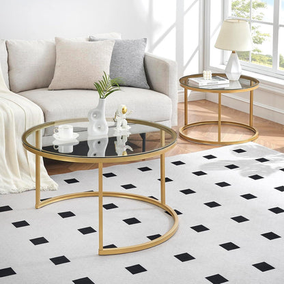 Couchtisch 2er Set Glas mit Gold Metallgestell rund 80x80 & 60x60 cm