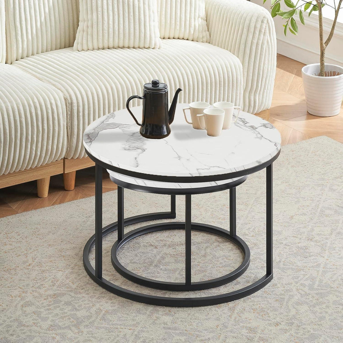 Runder Couchtisch Marmor Optik 2er Set Schwarz Weiß