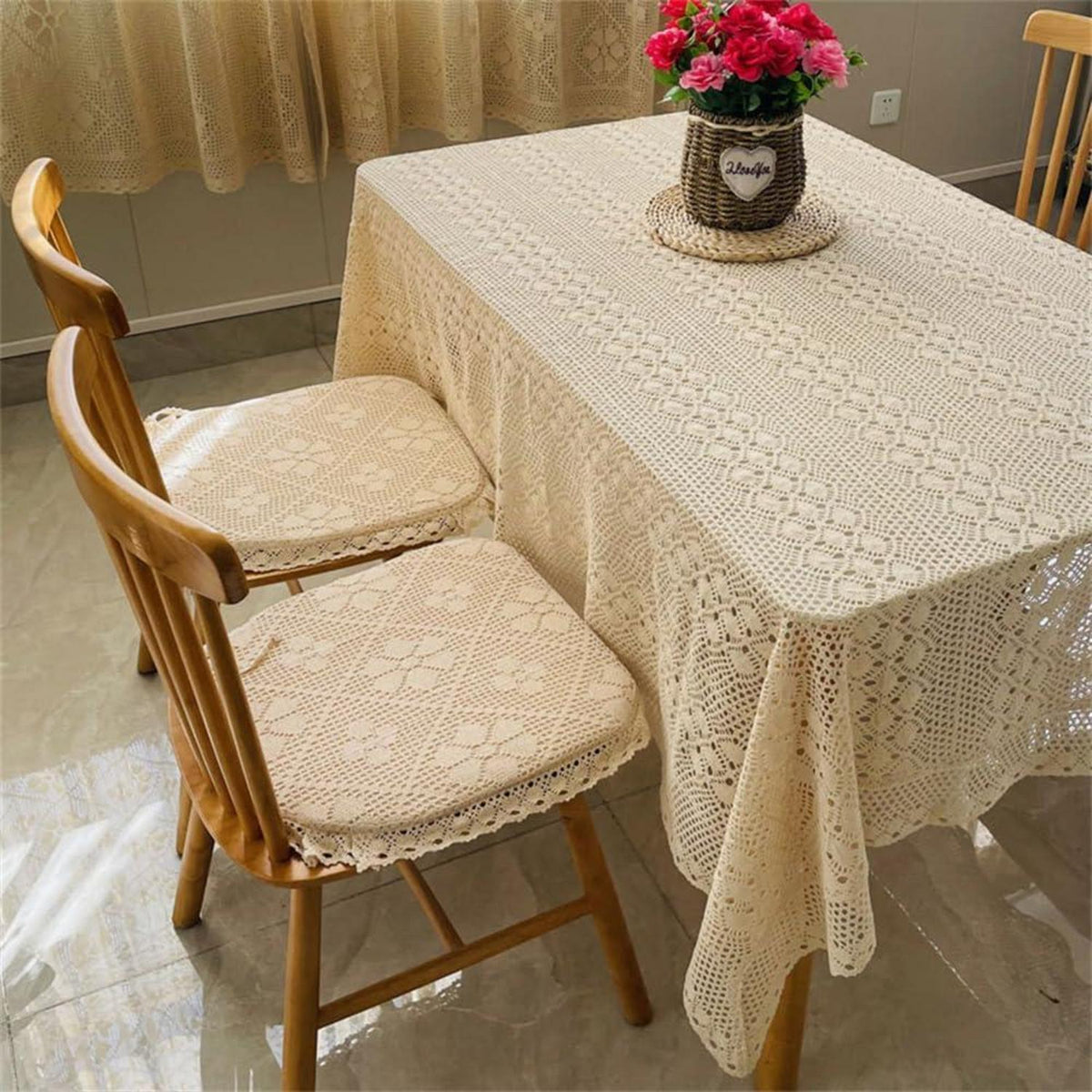 Rechteckige Häkel Tischdecke Beige Vintage Baumwolle 250x140 cm