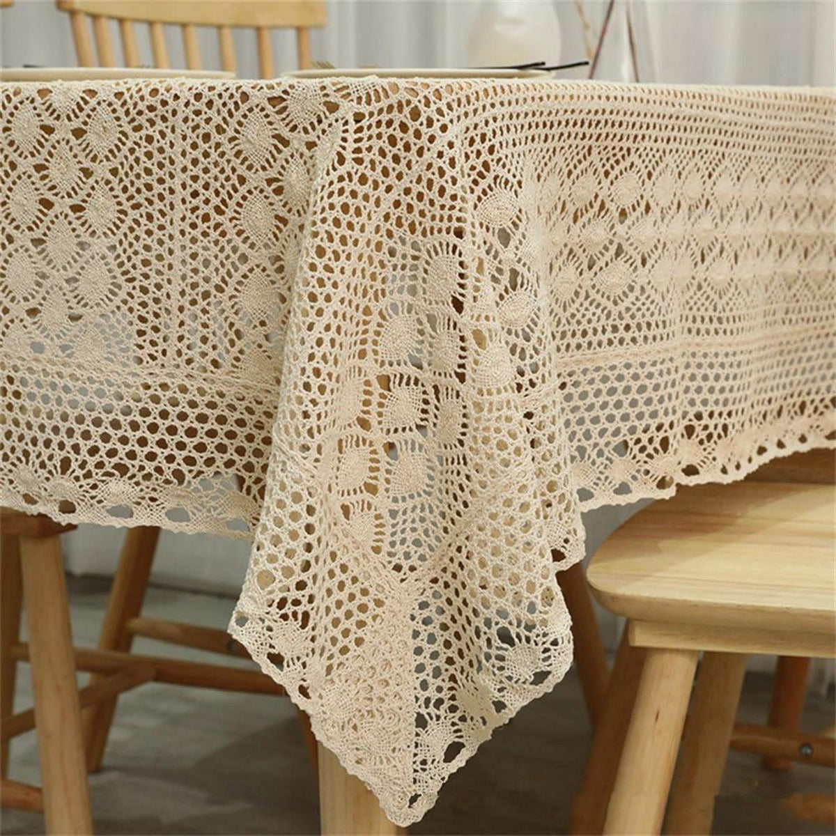 Rechteckige Häkel Tischdecke Beige Baumwolle Vintage Spitze 100x140cm