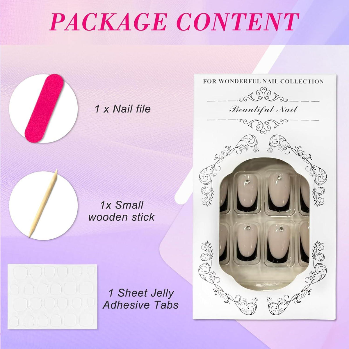 24er Set Eckig Ballerina Nägel - Nude Schwarz Rand, Künstliche Nägel Falsche