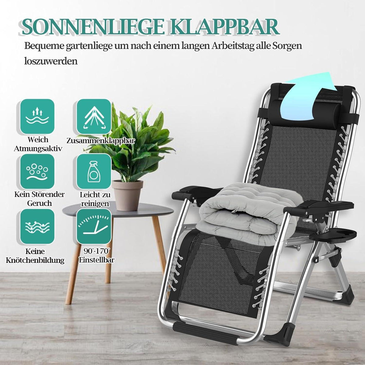 Klappbare Sonnenliege mit Kissen und Getränkehalter, 72cm breit, grau, belastbar bis 240kg