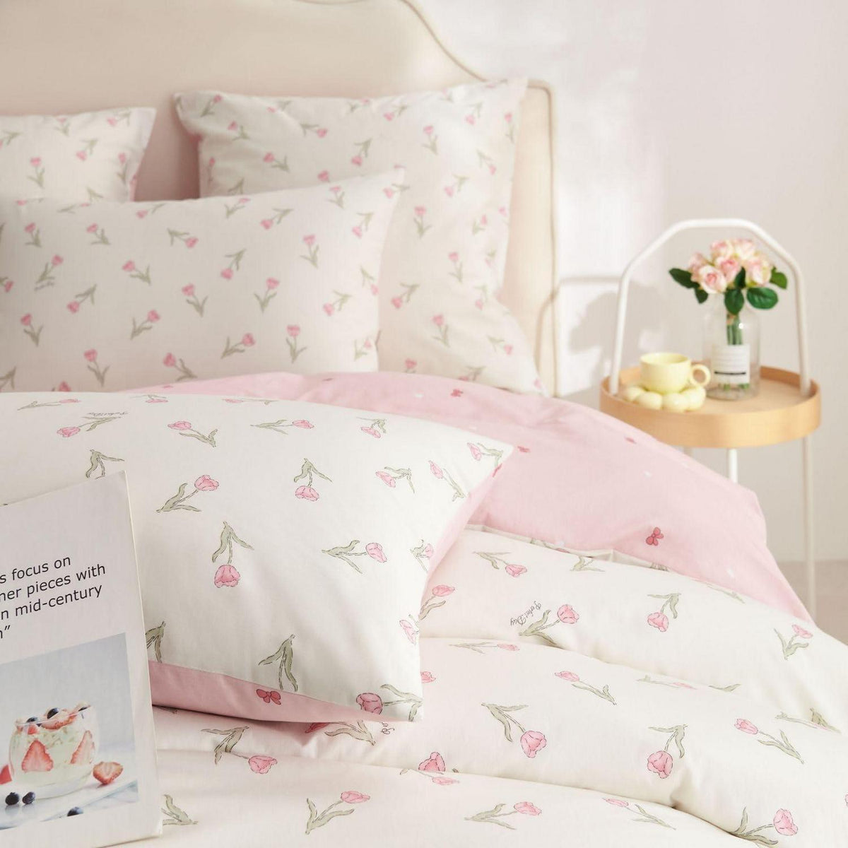Baumwoll Bettwäsche Set 220x240 mit Blumenmuster Rosa Weiß