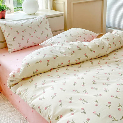 Baumwoll Bettwäsche Set 220x240 mit Blumenmuster Rosa Weiß