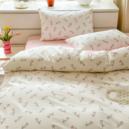 Baumwoll Bettwäsche Set 220x240 mit Blumenmuster Rosa Weiß