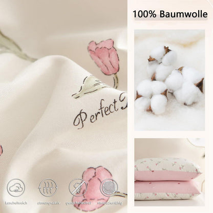 Baumwoll Bettwäsche Set 220x240 mit Blumenmuster Rosa Weiß
