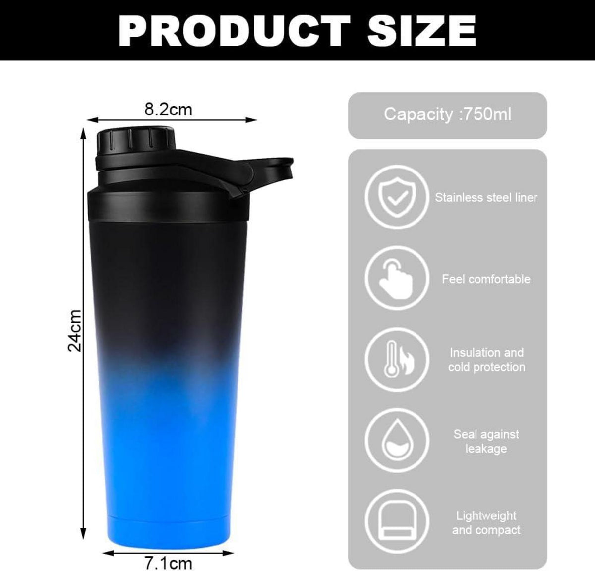 Protein Shaker 750ML|Edelstahl Doppelwandig Vakuum