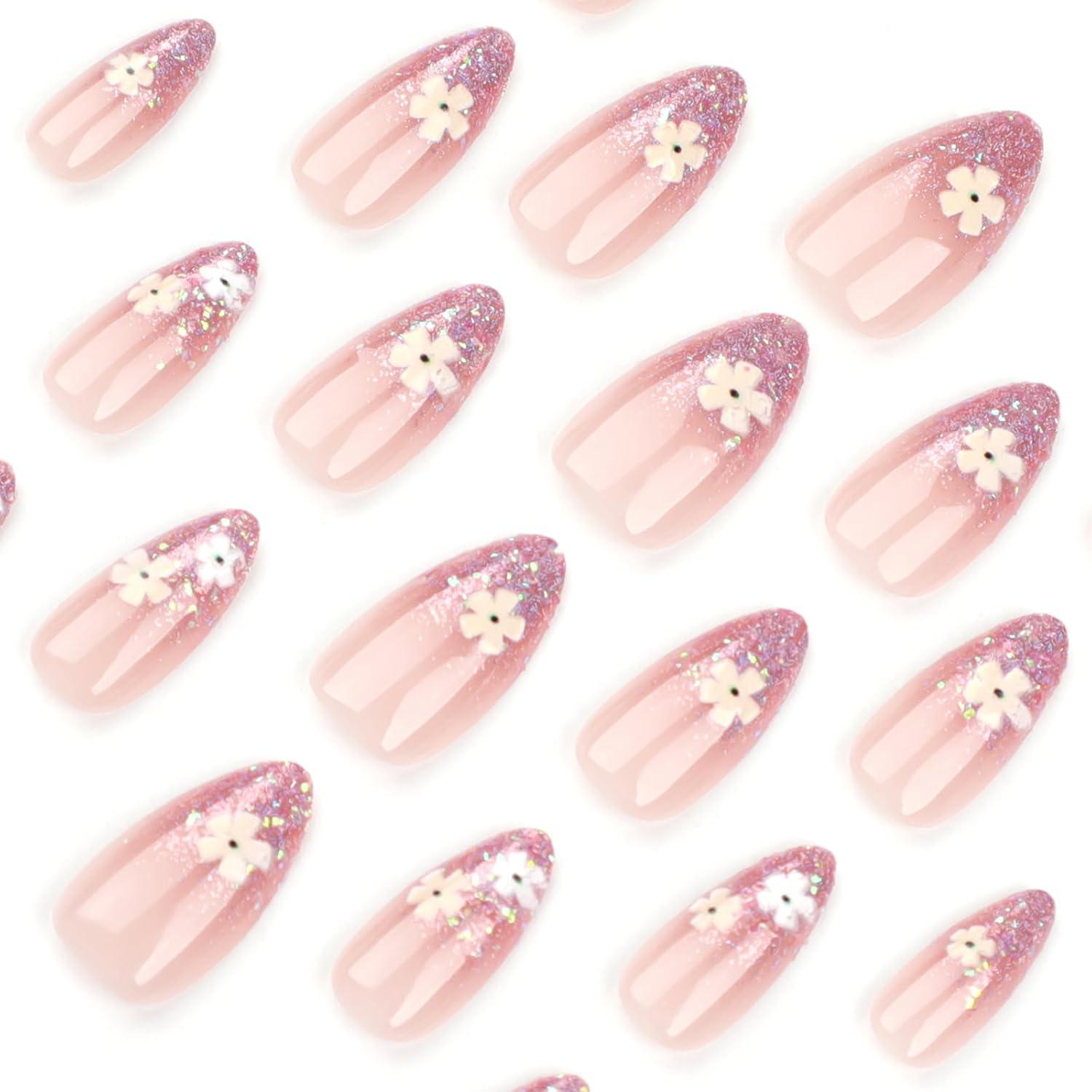 24 Künstliche Nägel Mandel Glitzer Nude Full Cover Press on