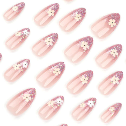24 Künstliche Nägel Mandel Glitzer Nude Full Cover Press on